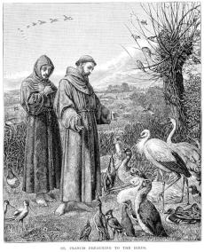 Vintage engraving from 1879 of Saint Francis preaching to the birds